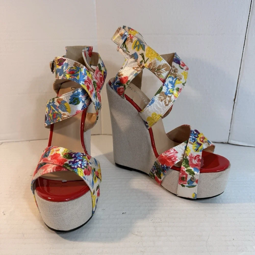 Women's Size 41 Sandals Platform Wedges Floral Print Satin Buckle Straps Ladies